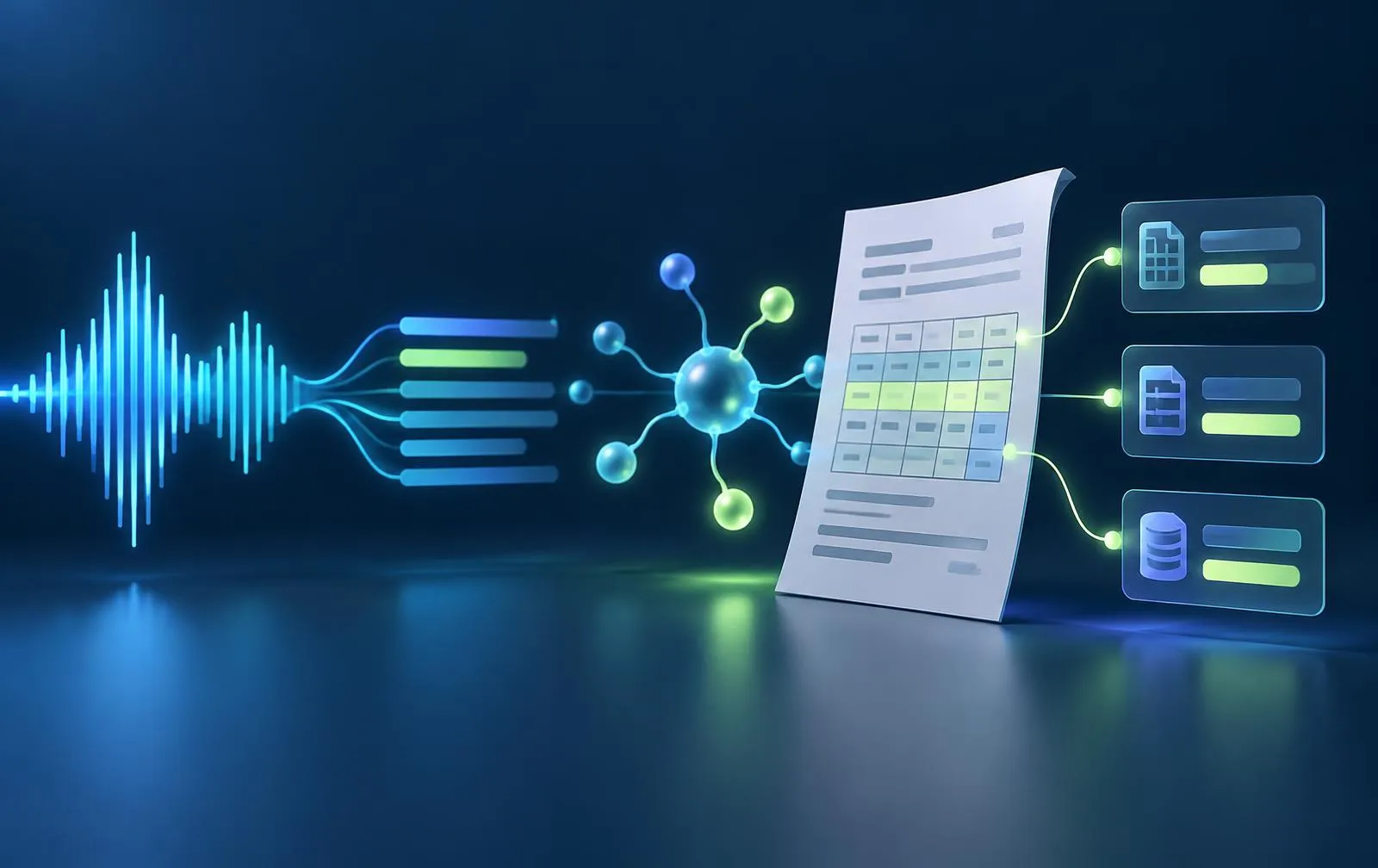 Illustration of speech turning into text and a scanned document turning into structured data
