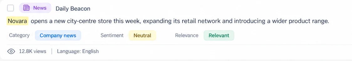 News mention — category Company news, sentiment Neutral, relevant